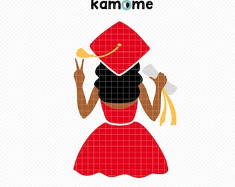 Peut inclure: Une silhouette noire d'une personne portant une toque et une robe de graduation rouges, tenant un diplôme d'une main et faisant un signe de paix de l'autre. La personne est de dos par rapport au spectateur.