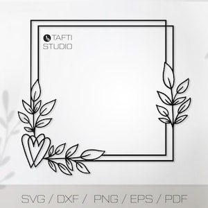 Quadratischer Rahmen Svg, Florale Rahmen Png Clipart, Herzkranz Svg Datei für Cricut, Lorbeer Hochzeit Monogramm Design, Rechteck Doppelrahmen Svg