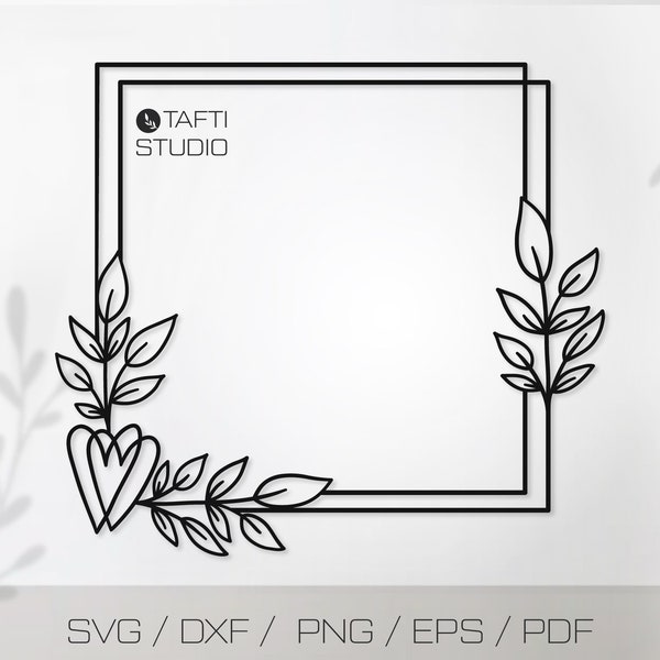 Square Frame Svg, Floral Border Png Clipart, Heart Wreath svg file for Cricut, Laurel Wedding Monogram Design, Rectangle Double Frame Svg
