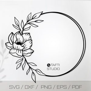 Magnolia Wreath Svg Cut File for Cricut, Floral Circle Frame Png Clipart, Botanical Wedding Monogram, Flower Boho Border Silhouette Dxf Eps