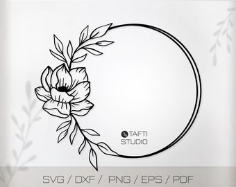 Magnolia Wreath Svg Cut File for Cricut, Floral Circle Frame Png Clipart, Botanical Wedding Monogram, Flower Boho Border Silhouette Dxf Eps
