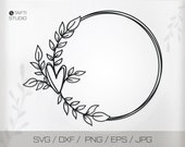 Laurel Wreath Svg Cut File for Cricut, Floral Circle Frame Png Clipart, Botanical Wedding Monogram, Heart Boho Border Silhouette Dxf Eps