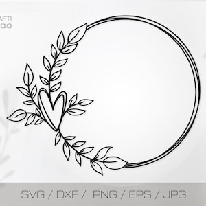 Laurierkrans Svg Cut Bestand voor Cricut, Floral Circle Frame Png Clipart, Botanische Bruiloft Monogram, Hart Boho Border Silhouet Dxf Eps