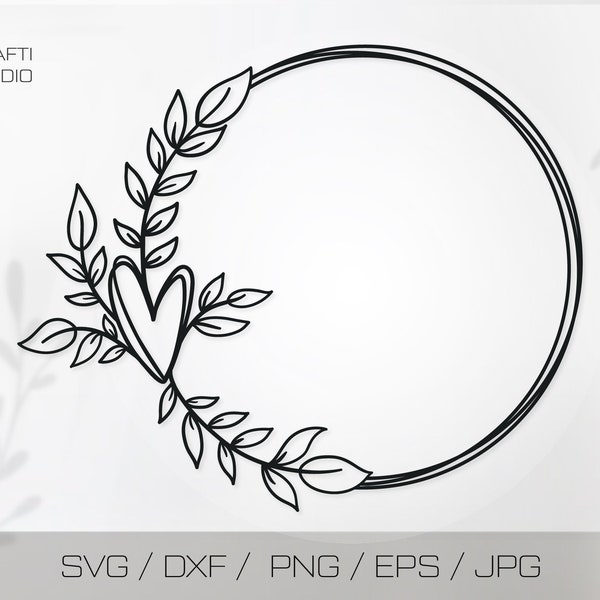Laurel Wreath Svg Cut File for Cricut, Floral Circle Frame Png Clipart, Botanical Wedding Monogram, Heart Boho Border Silhouette Dxf Eps