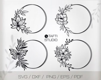 Floral Wreath Svg Bundle, Flower Circle Frame Png for Wedding Monogram, Laurel Border Svg, laurel Wreath Clipart, Wildflower Svg for Cricut