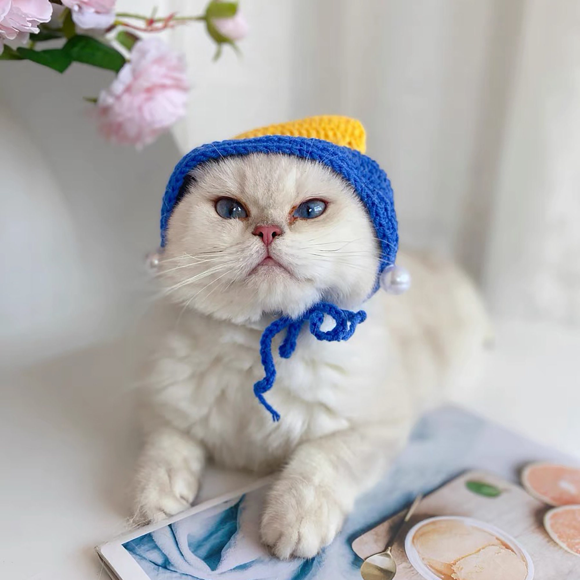 pretty-bee592: Cute cat wearing nursing hat, surrounded by flowers