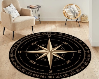 Compass Rose Round Rug, Modern Medallion Area Rug