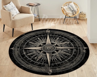 Compass Rose Round Rug, Non-Slip Cotton Base, Area Rug