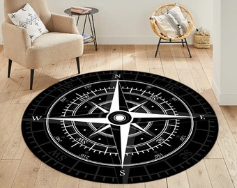 Compass Rose Round Rug, Medallion Decor, Non-Slip Cotton Base