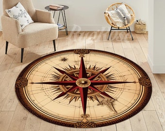 Compass Rose Round Rug, Medallion Design, Living Room Decor