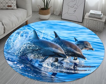 Alfombra redonda con delfines y peces, temática náutica oceánica, antideslizante