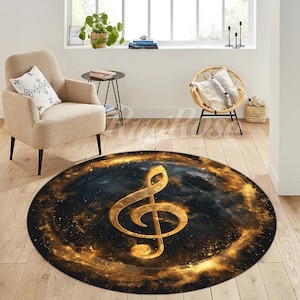 Musikteppich, Violinschlüssel, Glitzernder Goldschlüsselteppich, Personalisierter Teppich, Musikteppich, Runder Teppich, Teppich, Rundes Musikzubehör, Musikalische Kunst