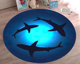 Round Shark Rug, Ocean Nautical Theme, Non-Slip Rug