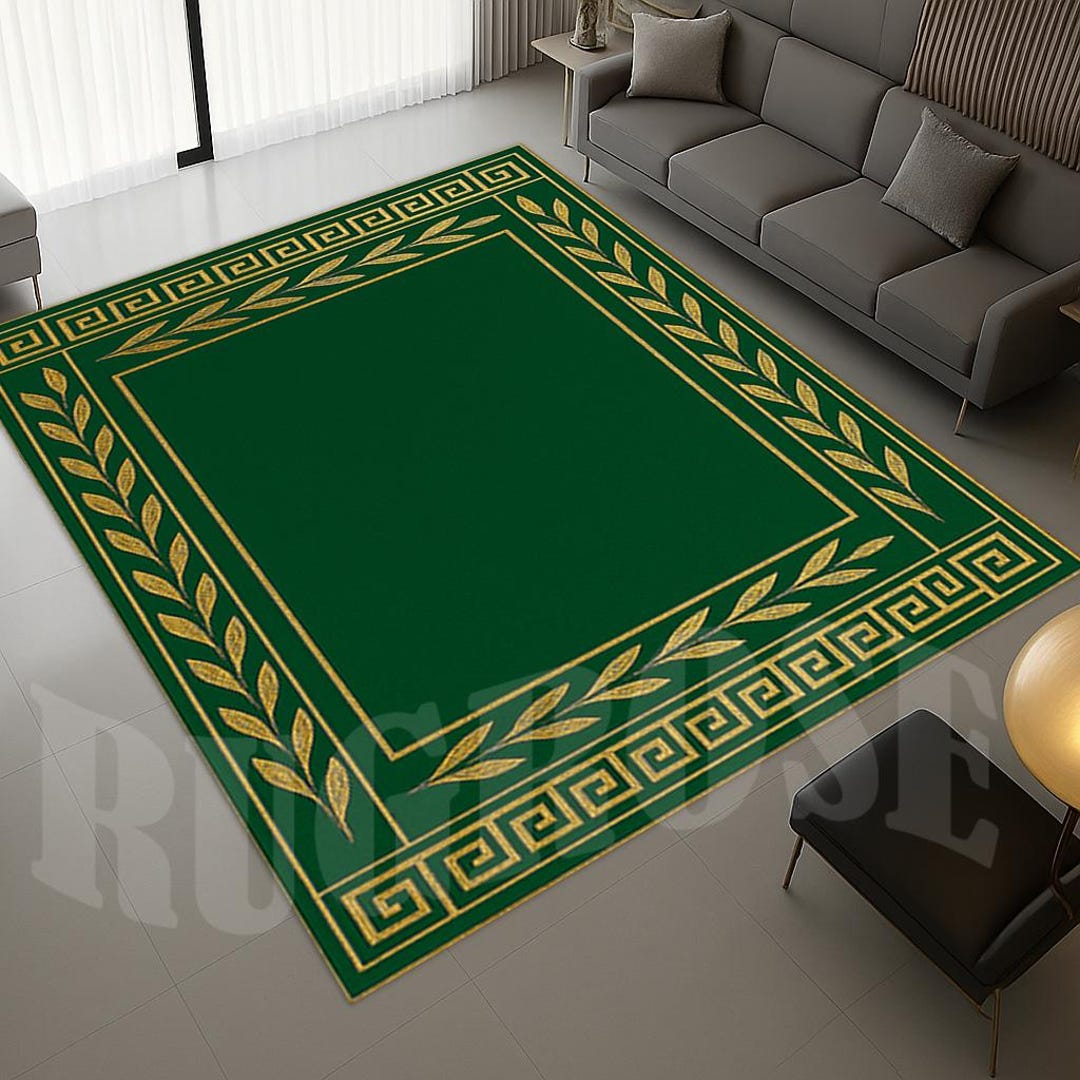 Gold and Green Greek Key Rug, Non-slip Cotton Base - Etsy
