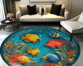 Tropical Fish Round Rug: Coastal Ocean Carpet, Coral Reef Decor, Beach House Mat