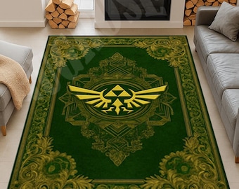 Könnte beinhalten: Ein grüner rechteckiger Teppich mit einem goldenen Emblem in der Mitte. Das Emblem zeigt ein Dreieck und stilisierte Flügel. Der Teppich hat einen goldenen Rand mit verzierten floralen Designs. Der Teppich liegt auf einem hellen Boden.