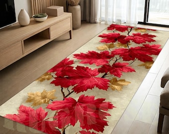 Autumn Red Maple Runner Rug: Crimson Leaves Carpet, Ivory Gold Botanical Pattern, Seasonal Decor