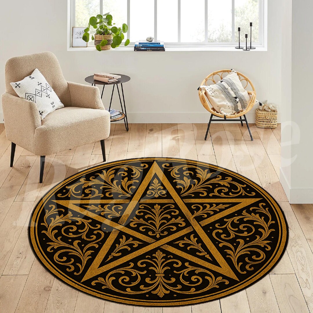 Gold Pentagram Rug: Gothic Protection Symbol Round Carpet - Etsy