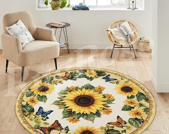 Sunflower Rug, Round Floral Pattern, Modern Home Decor