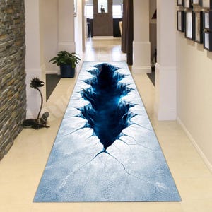Tappeto di ghiaccio ghiacciato, tappeto di ghiacciaio blu e bianco, motivo abisso con profonde crepe, decorazione artica con illusione 3D