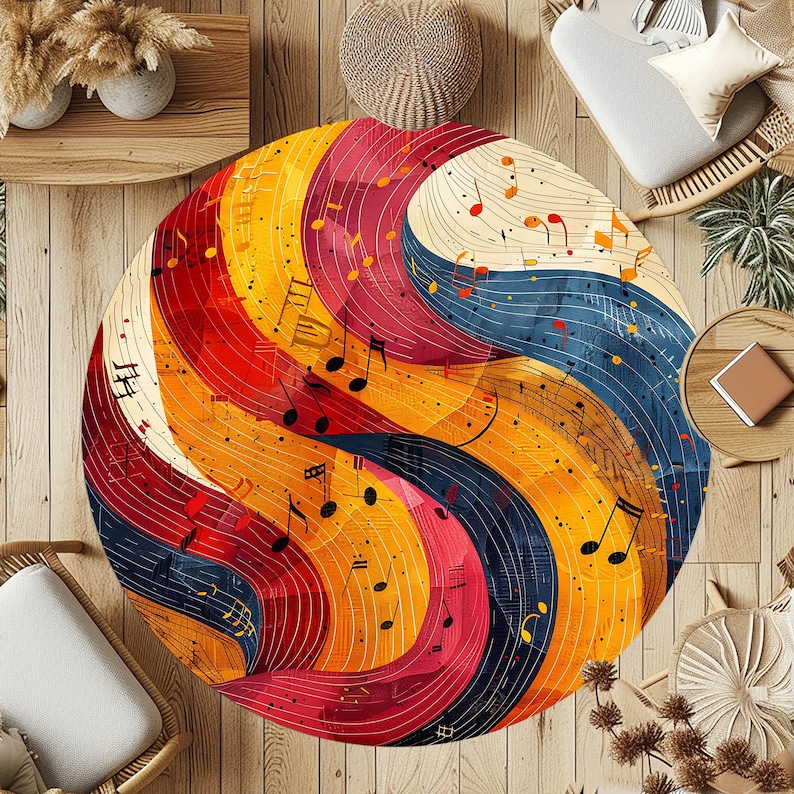 May include: A round rug with a colorful abstract design featuring swirling lines and musical notes in shades of red, yellow, blue, and white.