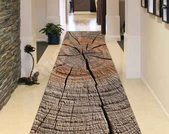 Rustic Wood Runner Rug: Brown Natural Tree Stump Rings, Farmhouse Hallway Carpet Decor