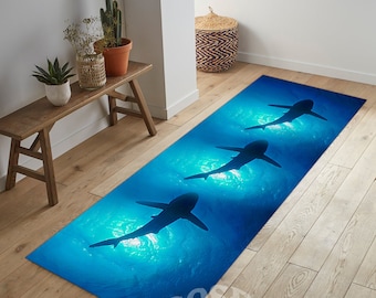 Shark Pattern Runner Rug, Ocean Nautical Theme, Non-Slip Cotton Base