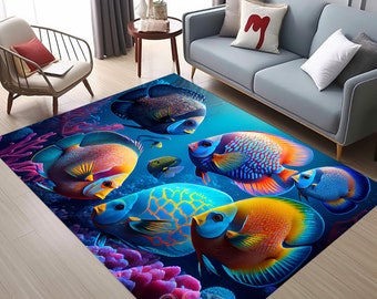 Fish's, Fish Pattern Rug, Colorful Fish Rug, Clown Fish, Aquarium Fish, Sea Rug, Nautical Decor, Fish Decor Rug, Modern Area Rug, Design Rug