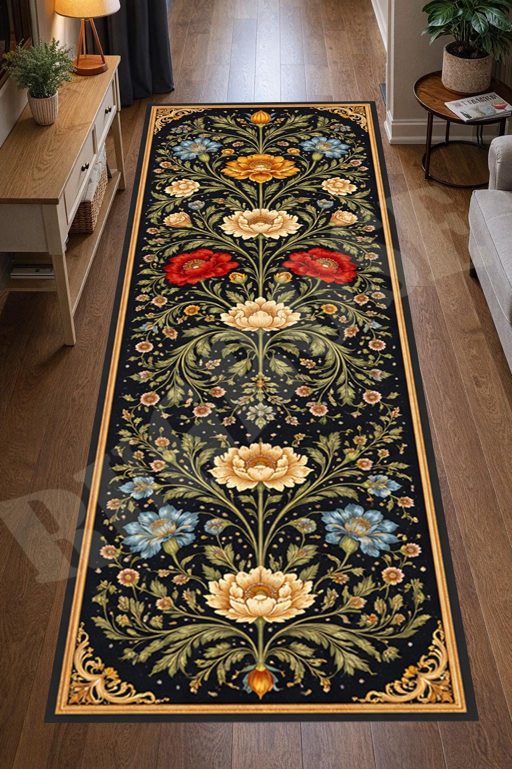 Floral Baroque Runner Rug: Black Gold Garden Carpet, Elegant Classic ...
