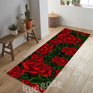 Roses, Red Roses Rug,Rose Runner Rug, Runner, Rose Themed Rug,Red Flower Rug,,Gift Runner Rug,Hallway Rug,Decor Long Rug,Colorful Runner Rug