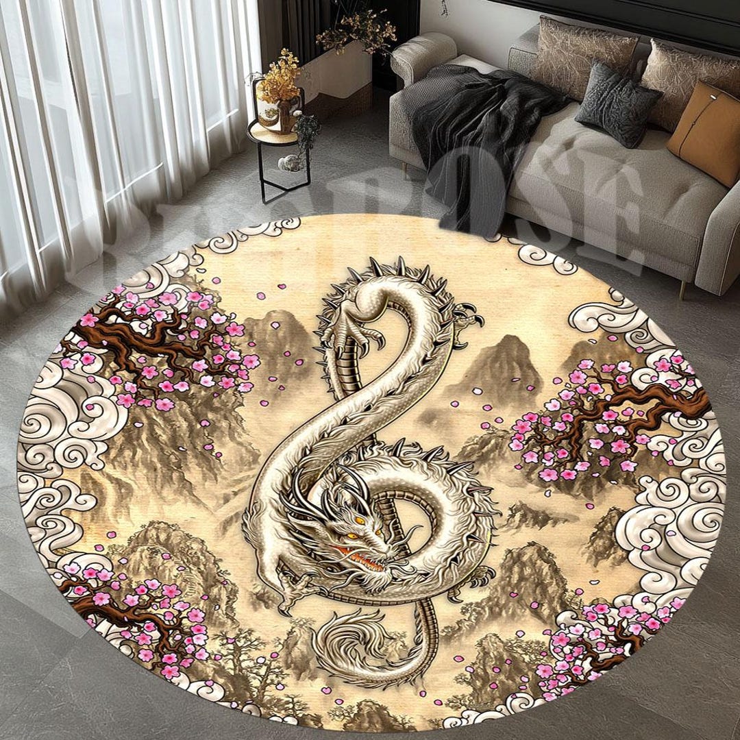 Dragon Small Rug Dragon Rug, Round Dragon Rug, Japanese Dragon Rug, Cherry Blossom Rug ...