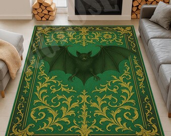 Gothic Bat Rug, Floral Medallion, Mystical Home Decor
