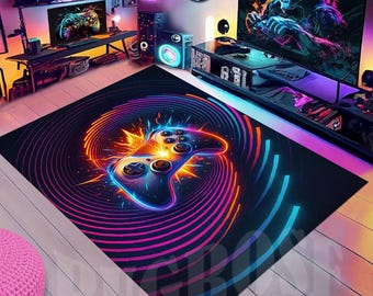 Neon Game Controller Rug, Modern Gaming Room Decor
