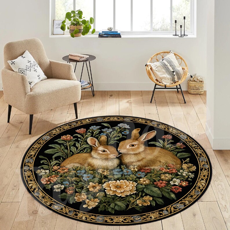 Floral Garden Bunny Round Rug, Black Gold Classic Carpet, Elegant Home ...