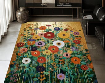 Floral Gold Rug: Wildflower Garden Carpet, Botanical Artwork, Gustav Klimt Style Home Decor