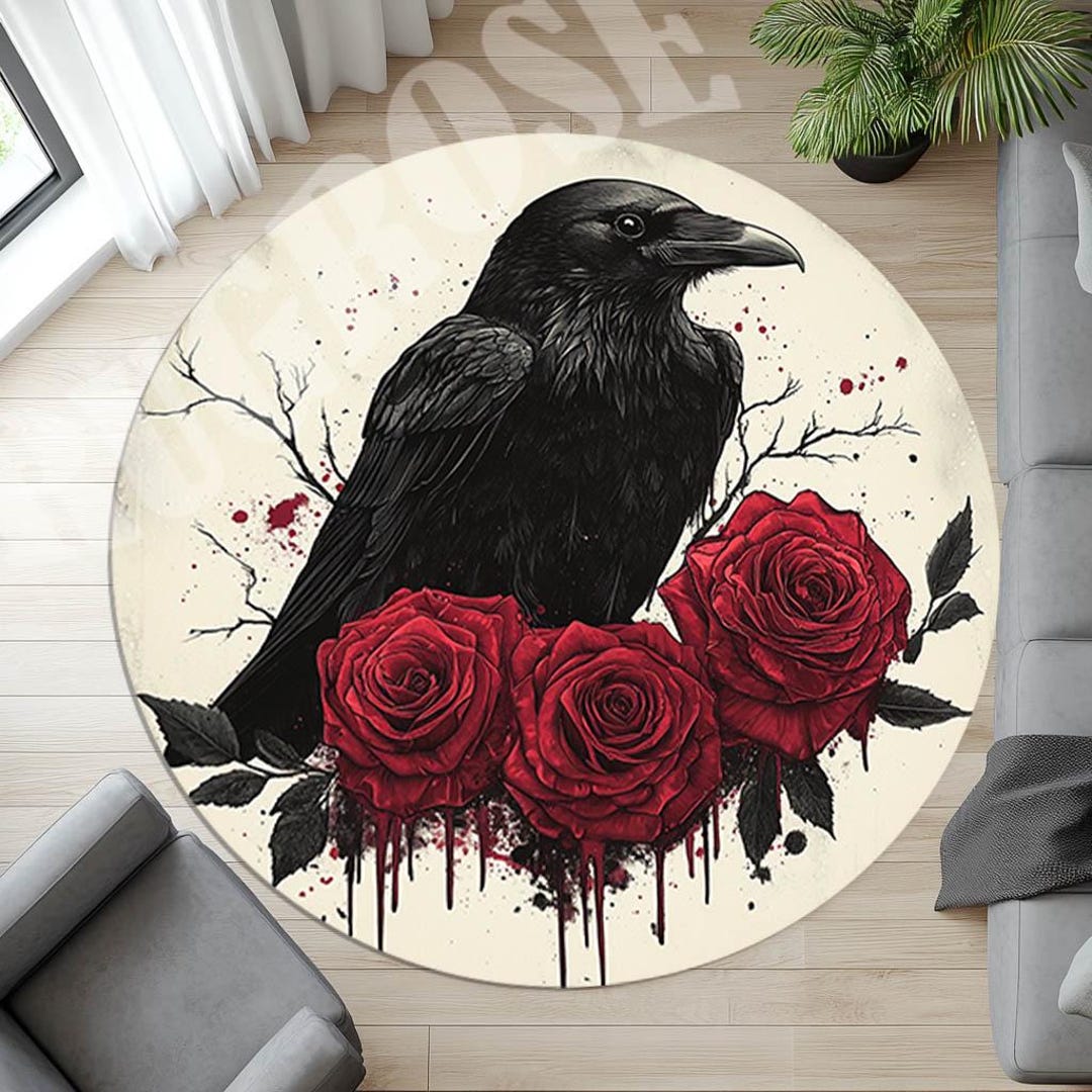 Crow and Red Rose Round Rug, Gothic Room Decor - Etsy