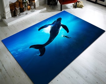 Blue Whale Rug, Ocean Nautical Decor, Non-Slip Cotton Base