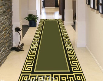 Gold Greek Key Rug, Green Hallway Runner, Non-Slip Cotton