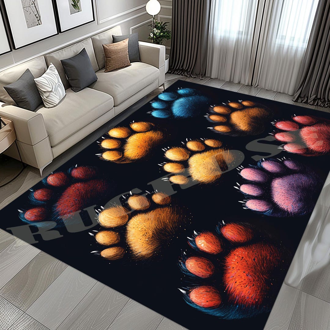 Colorful Paw Print Rug: Playful Animal Carpet, Dark Background Decor - Etsy