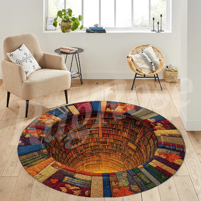 Library 3D Illusion Round Rug, Book Lover Decor - Etsy