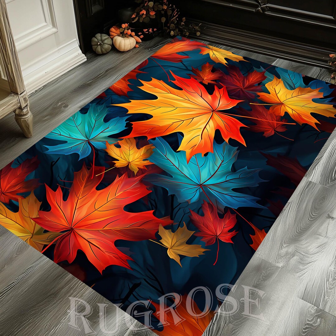Fall Color Rug Autumn Rug, Leaf Pattern Rug, Decor Leaves Rug, Colorful Leaf Rug ...