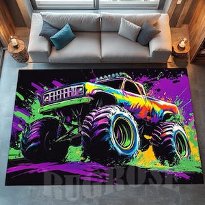 Monster Truck Rug, Racing Car Rug, Kids Room Rug, Jumping Monster Truck Rug, Design Car Rug, Monster Truck Decor Rug, Gift For Boys,Area Rug