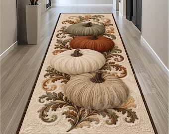 Autumn Pumpkin Runner Rug: Ivory Cream Gourds, Botanical Scrollwork, Thanksgiving Carpet