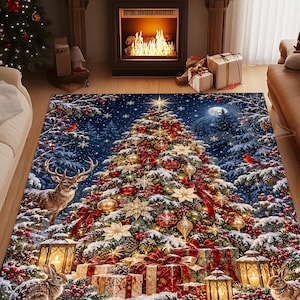 Alfombra con diseño de árbol de Navidad: Adornos rojos y dorados, bosque nevado, renos, conejos, alfombra festiva de ensueño invernal.