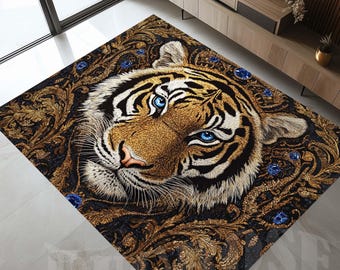 トラディショナルスタイルのタイガー柄ラグ、アニマルプリントの