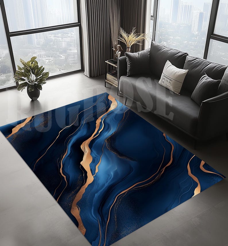 Blue and Gold Marble Rug, Modern Abstract Art Carpet - Etsy