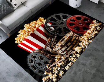 Cinema Popcorn Rug: Black Red Movie Carpet, Film Reel Design, Entertainment Room Home-Decor Style