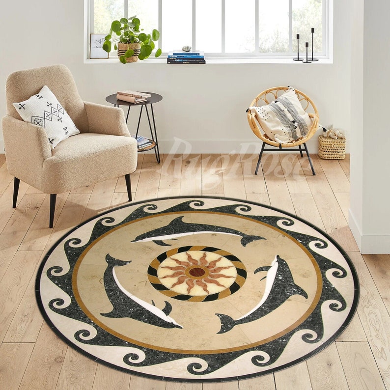 Dolphin Mosaic Round Rug, Coastal Medallion Pattern, Non-slip - Etsy