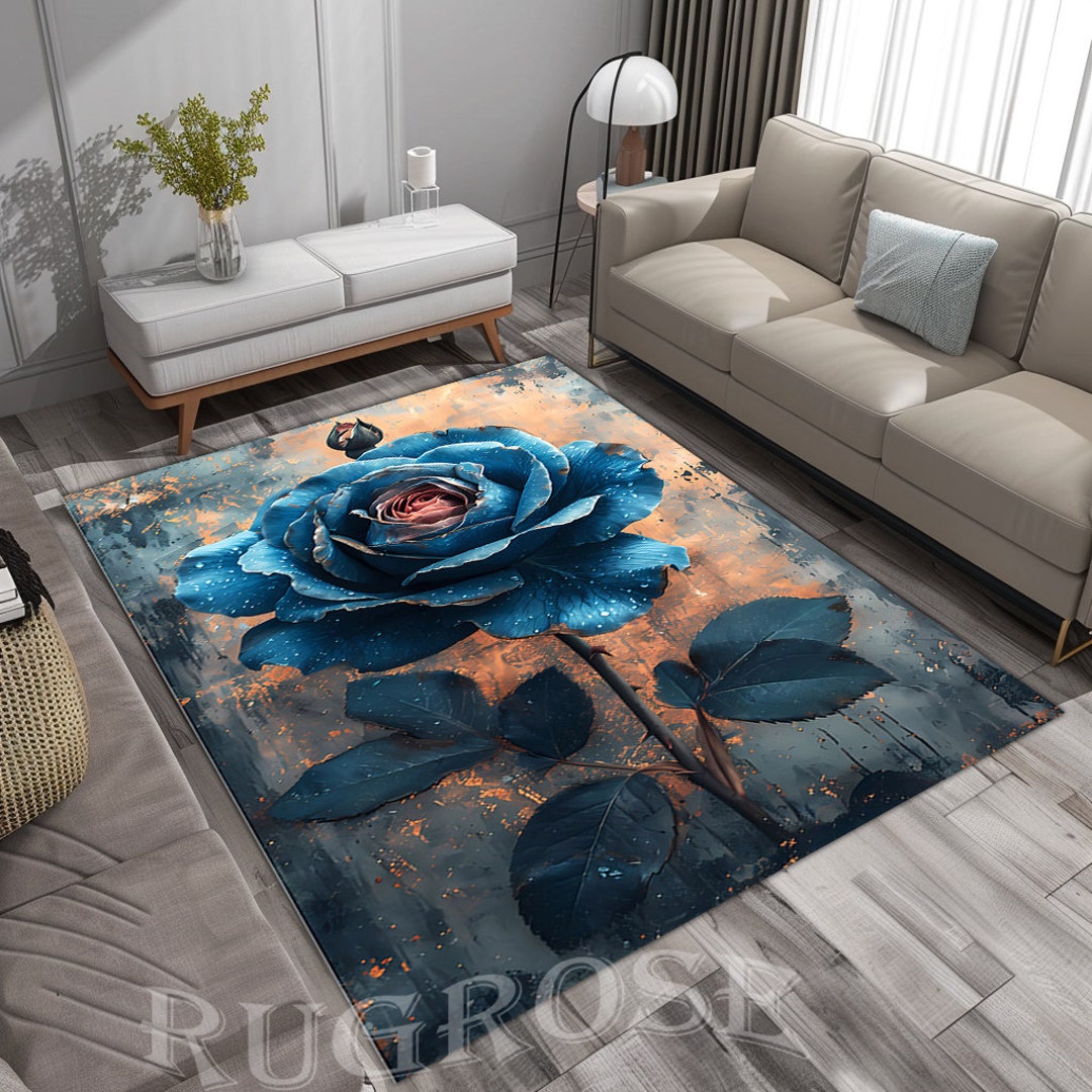 Blue Roses, Blue Rose Rug, Rose Themed Rug, Blue Floral Rugs, Blue ...