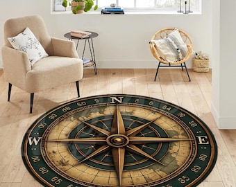 Nautical Compass Round Rug, Medallion Design, Living Room Decor
